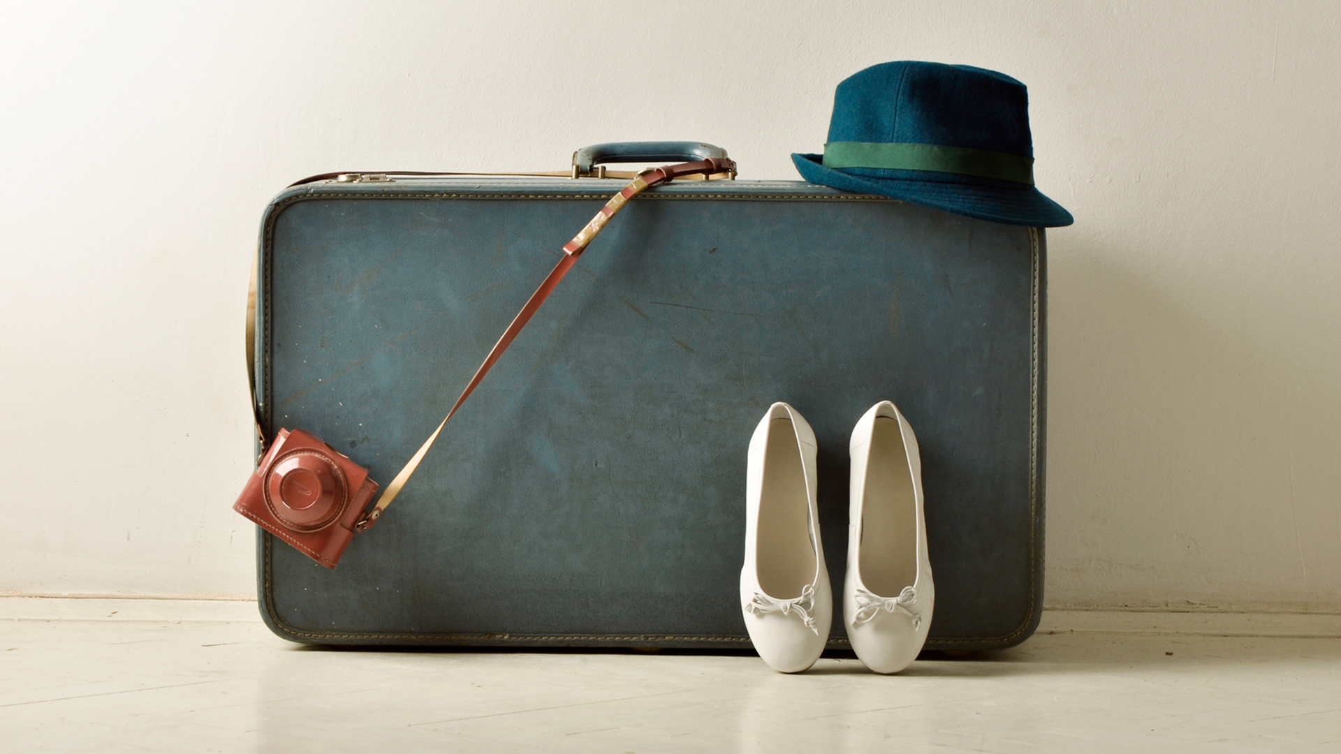 vintage suitcase camera ballet flats and hat